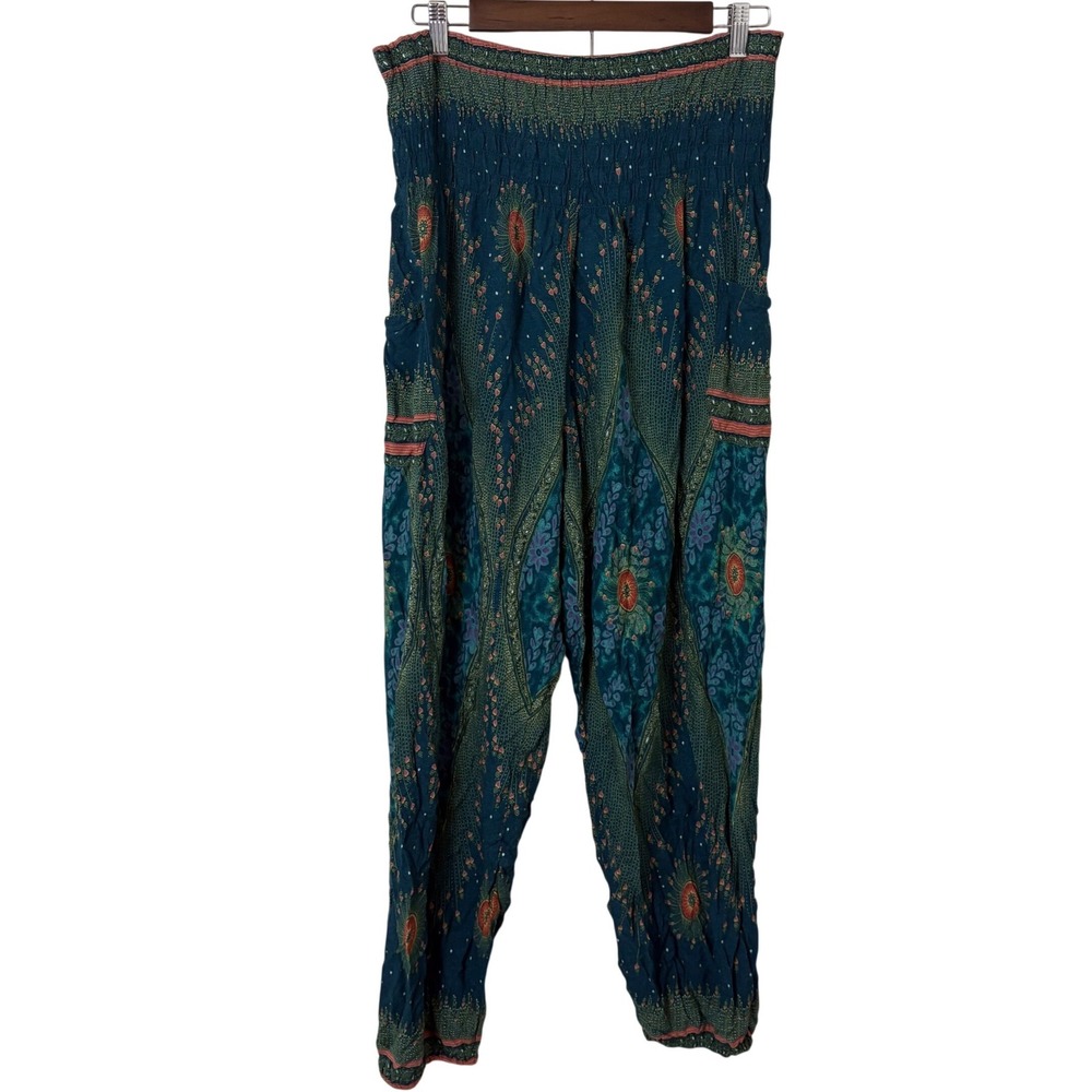 Happy Trunks Harem Pants Women 2XL Teal Blue Peacock Print Smocked Boho Joggers